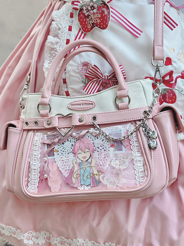 Two Tone Ita Handbag with Heart and Chain Detail