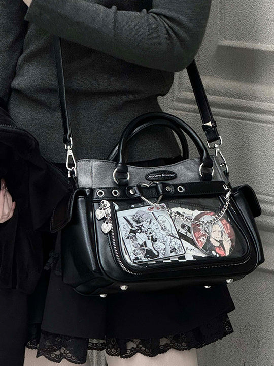 Two Tone Ita Handbag with Heart and Chain Detail