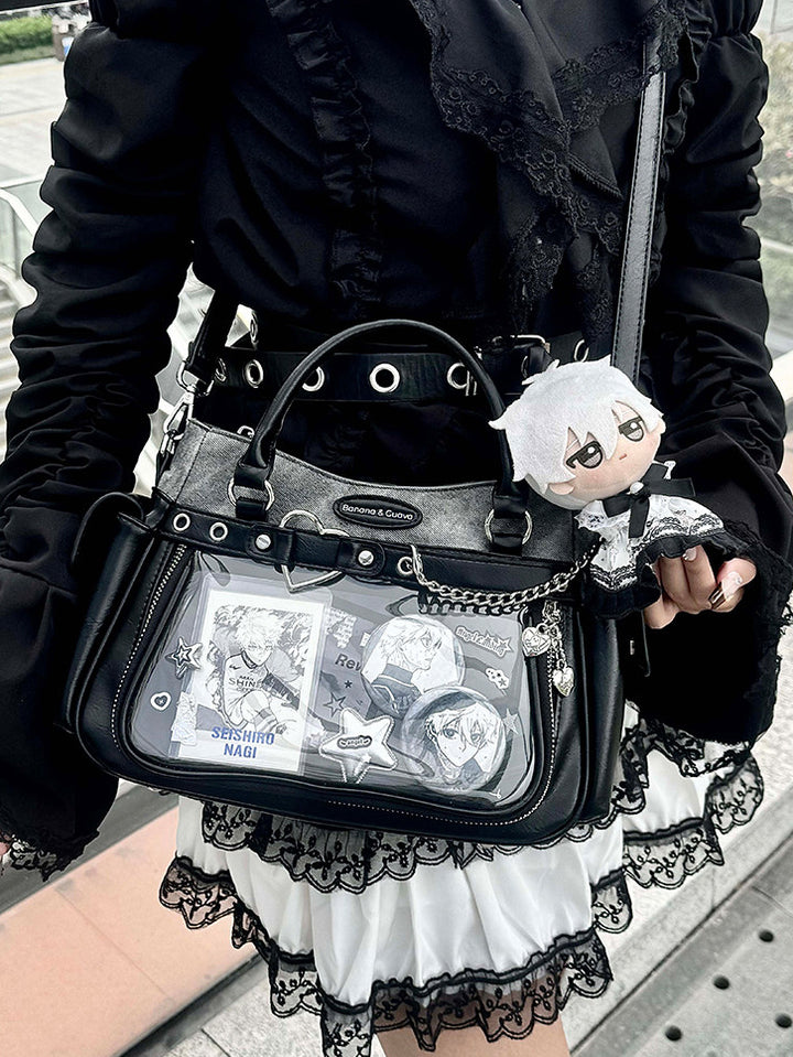 Two Tone Ita Handbag with Heart and Chain Detail