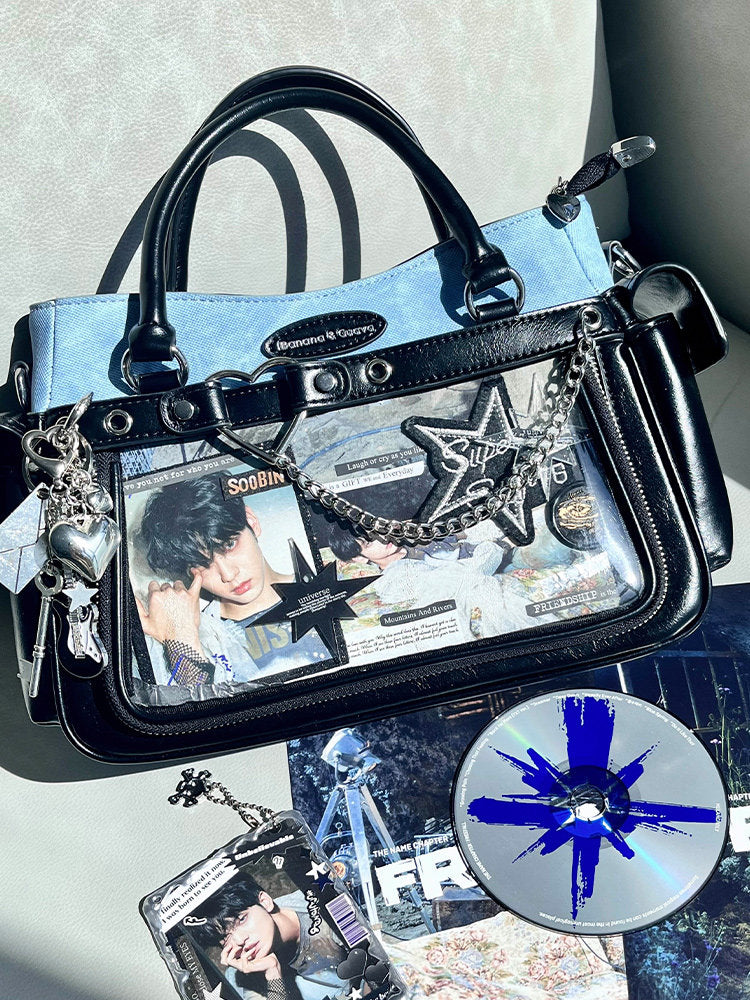 Two Tone Ita Handbag with Heart and Chain Detail