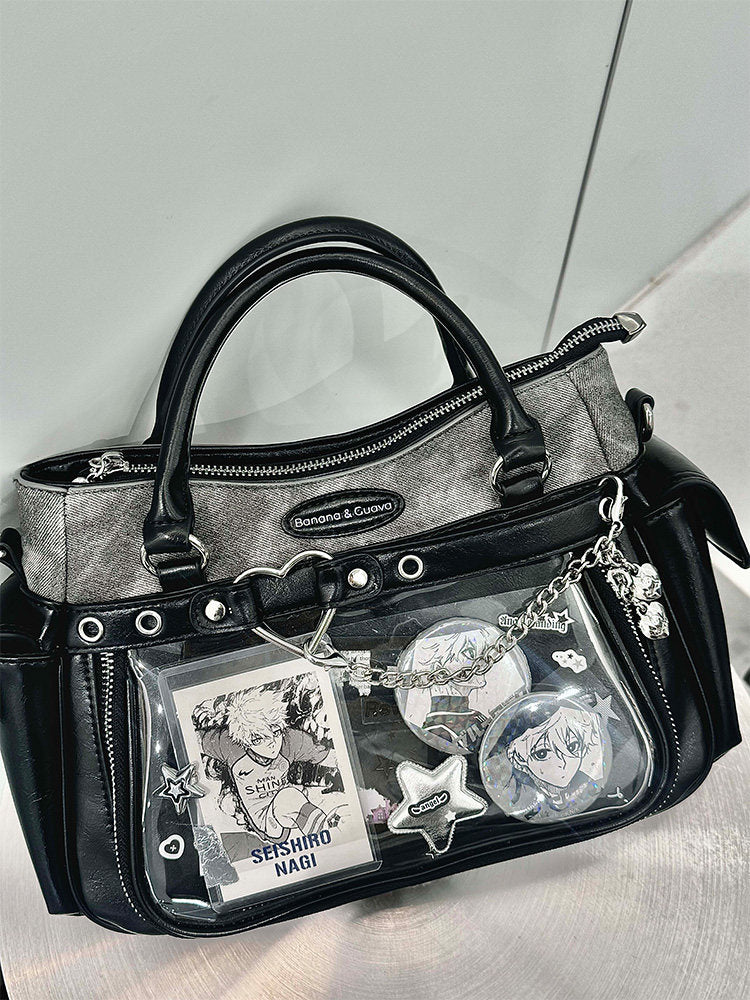 Two Tone Ita Handbag with Heart and Chain Detail