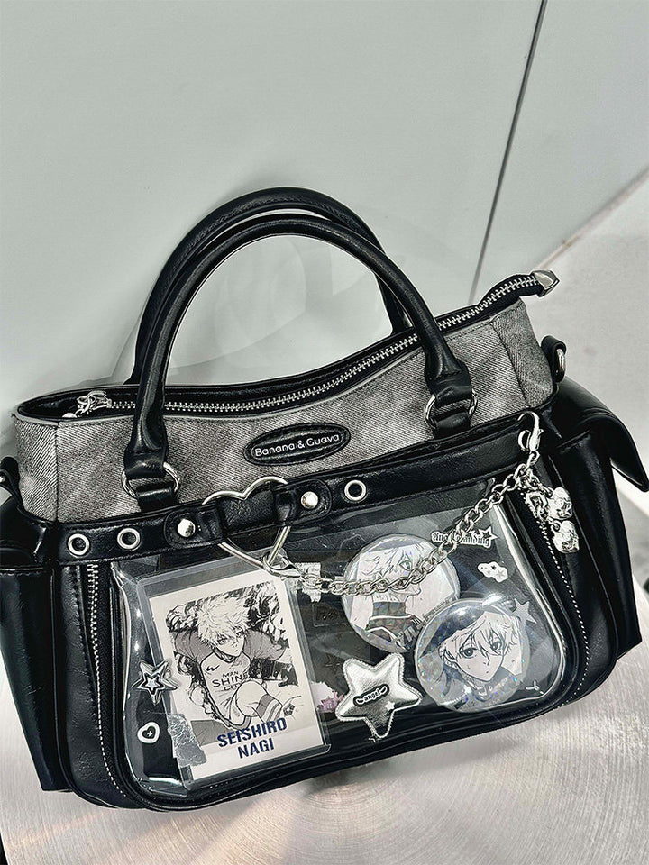 Two Tone Ita Handbag with Heart and Chain Detail