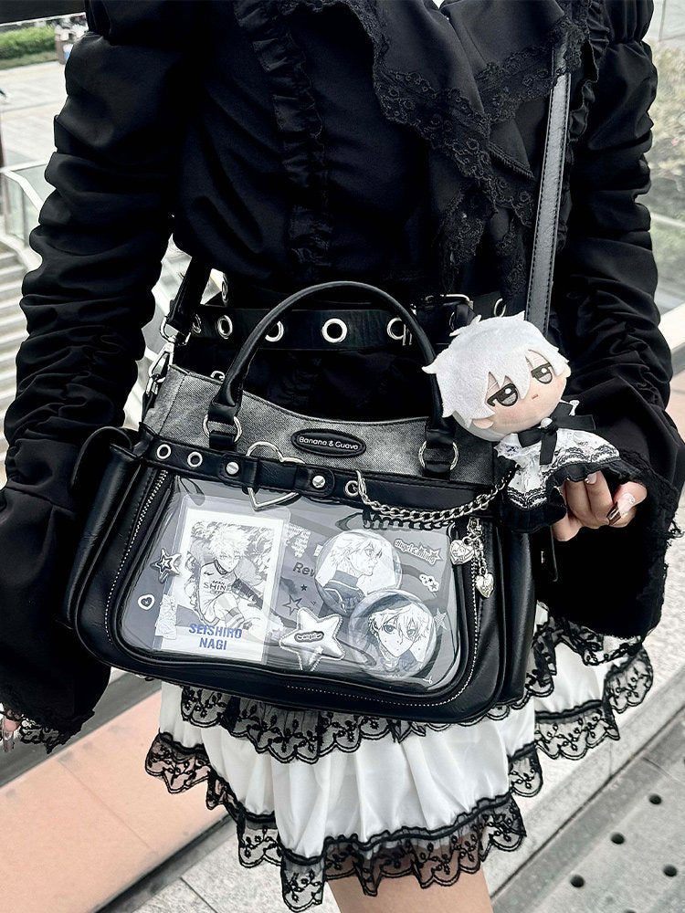 Two Tone Ita Handbag with Heart and Chain Detail