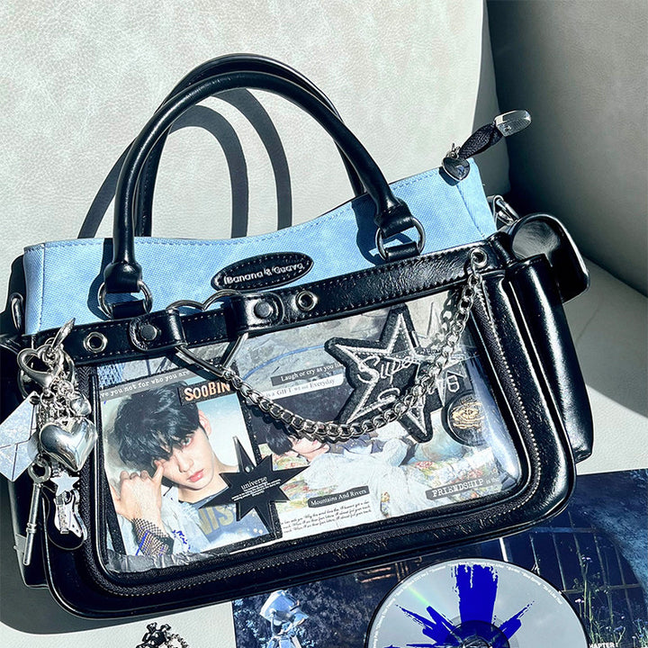 Two Tone Ita Handbag with Heart and Chain Detail