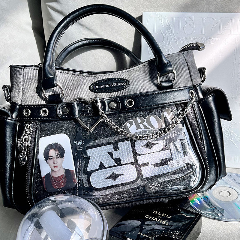 Two Tone Ita Handbag with Heart and Chain Detail