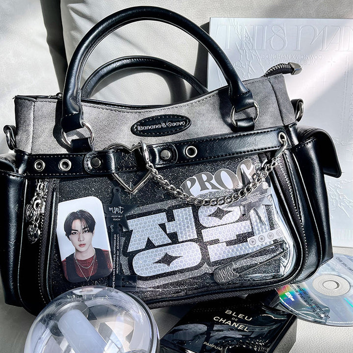 Two Tone Ita Handbag with Heart and Chain Detail