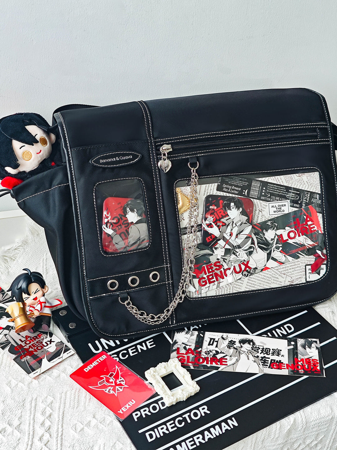 Dual Window Ita Messenger Bag with Chain Detail