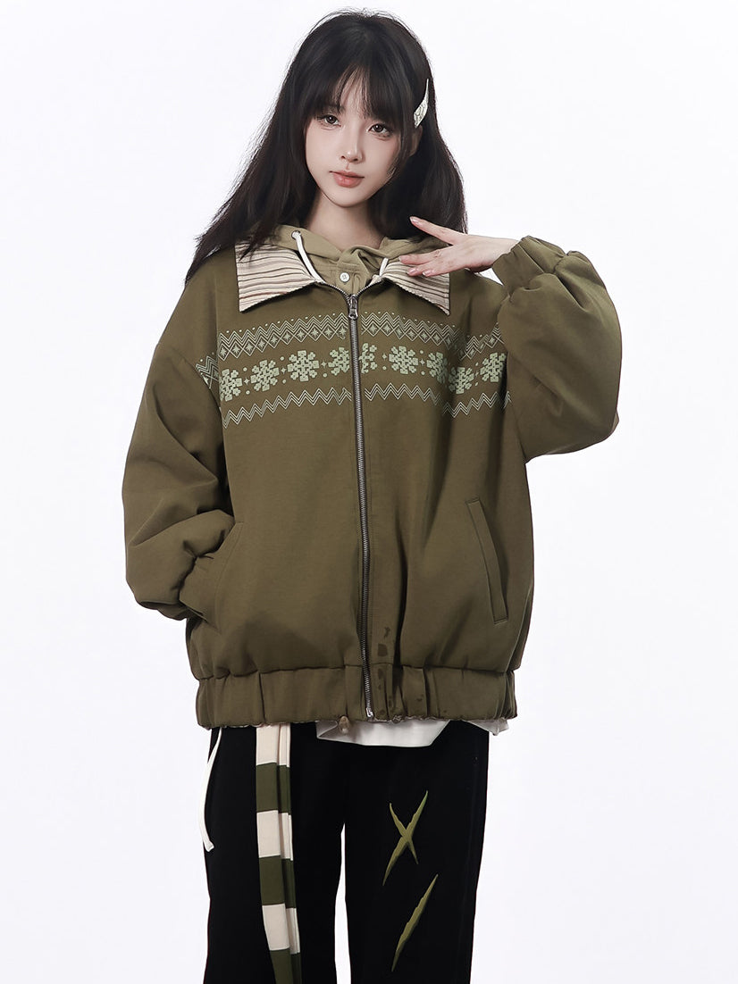 Snowflake Stripe-Collar Zip Jacket
