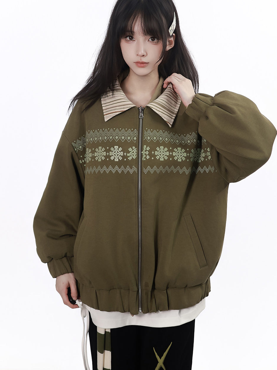 Snowflake Stripe-Collar Zip Jacket