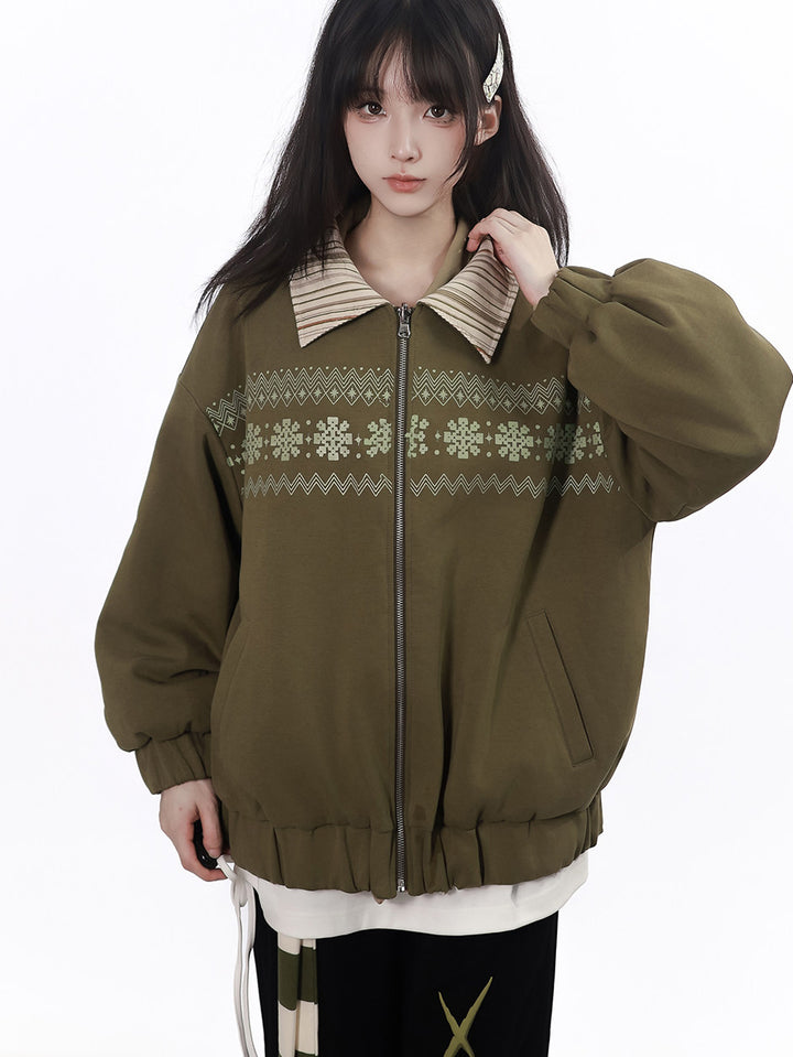 Snowflake Stripe-Collar Zip Jacket