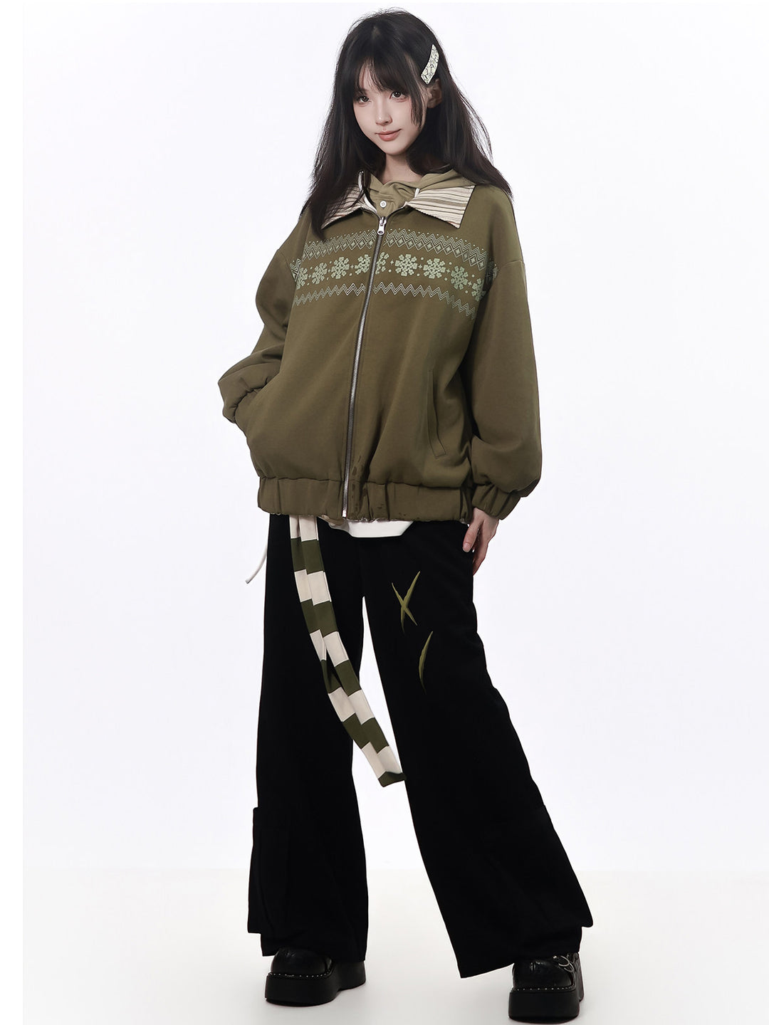 Snowflake Stripe-Collar Zip Jacket