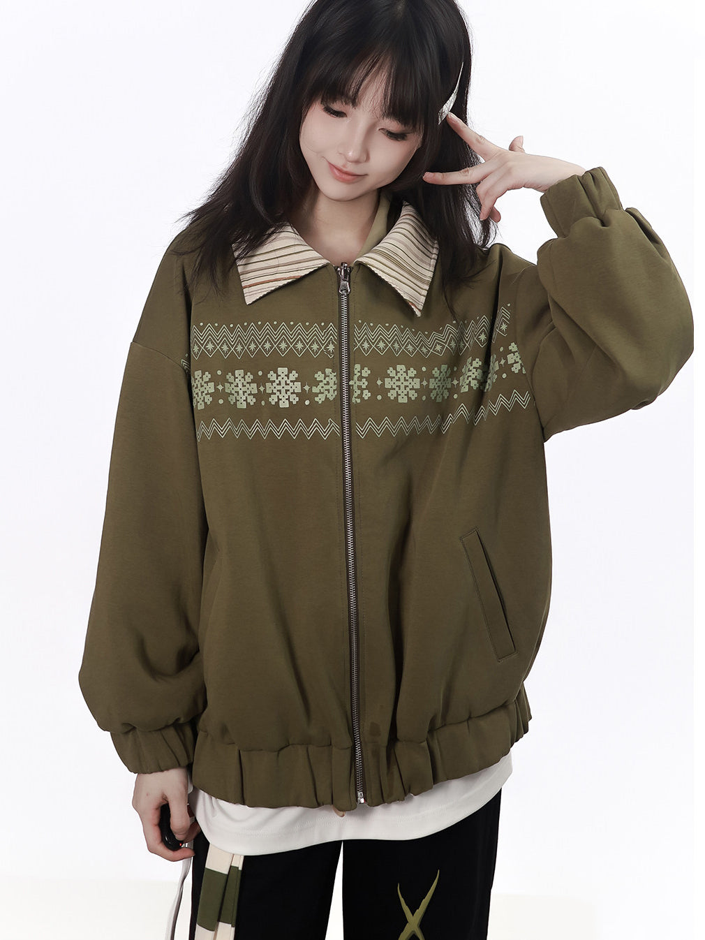 Snowflake Stripe-Collar Zip Jacket