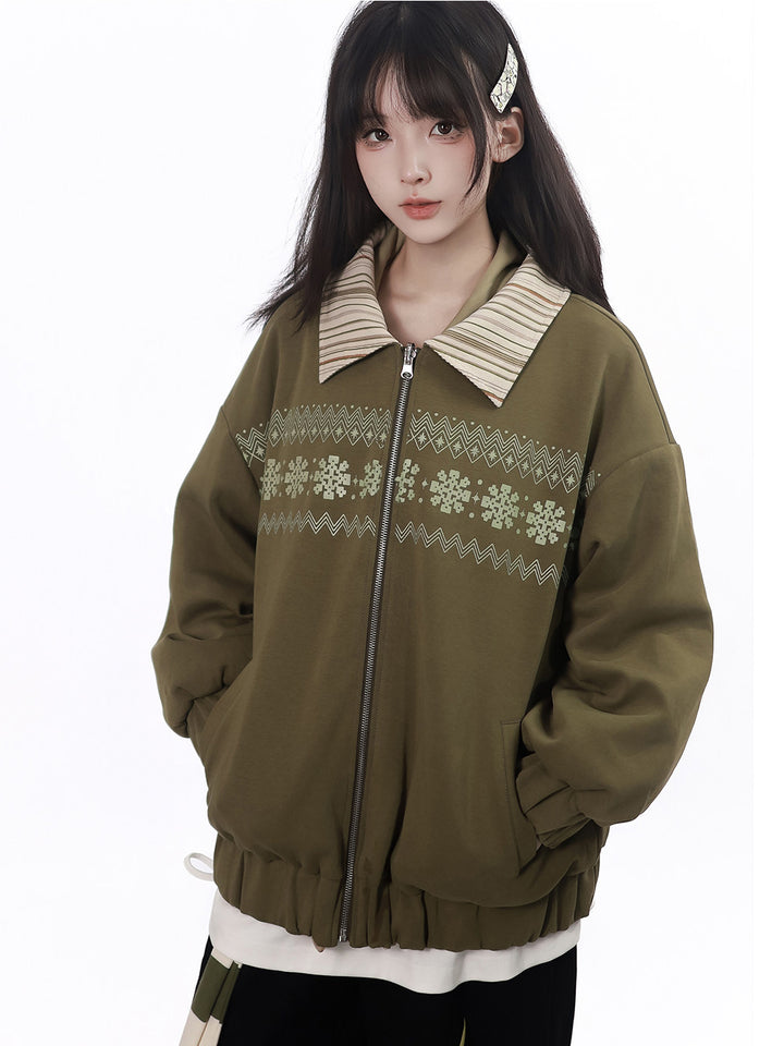 Snowflake Stripe-Collar Zip Jacket