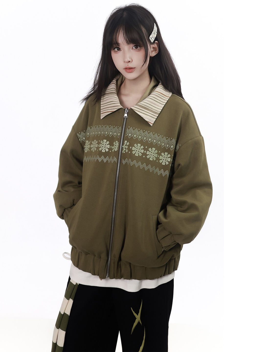 Snowflake Stripe-Collar Zip Jacket
