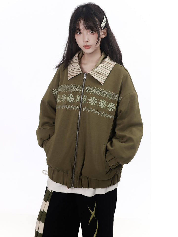 Snowflake Stripe-Collar Zip Jacket