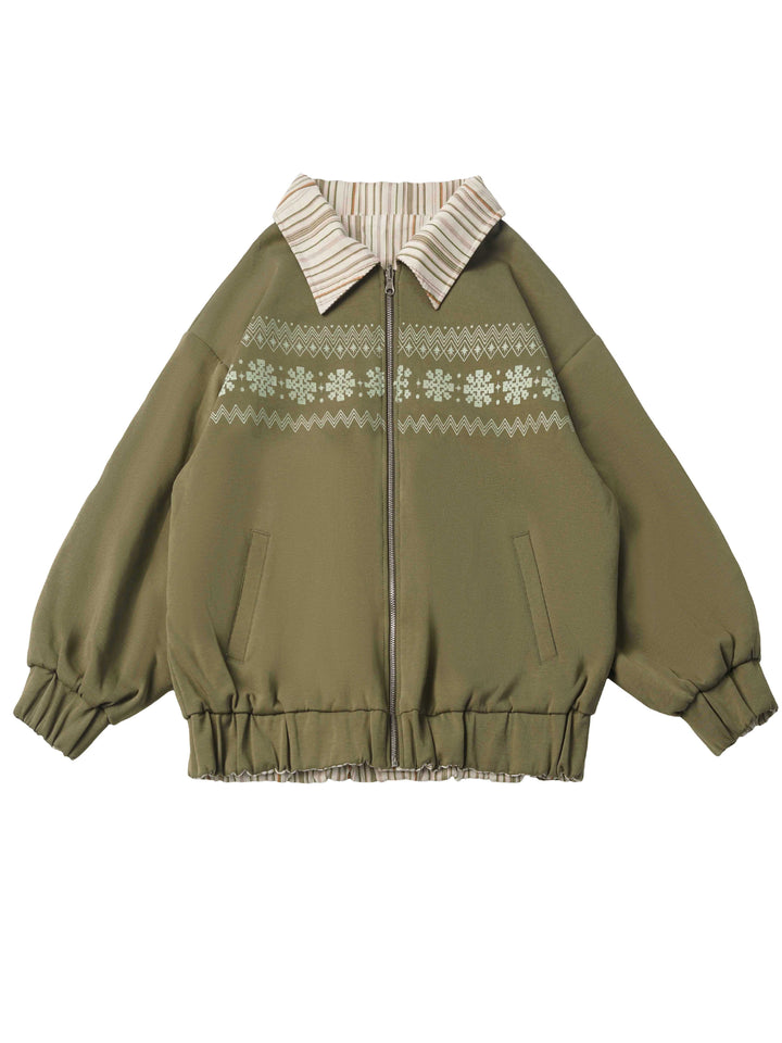 Snowflake Stripe-Collar Zip Jacket