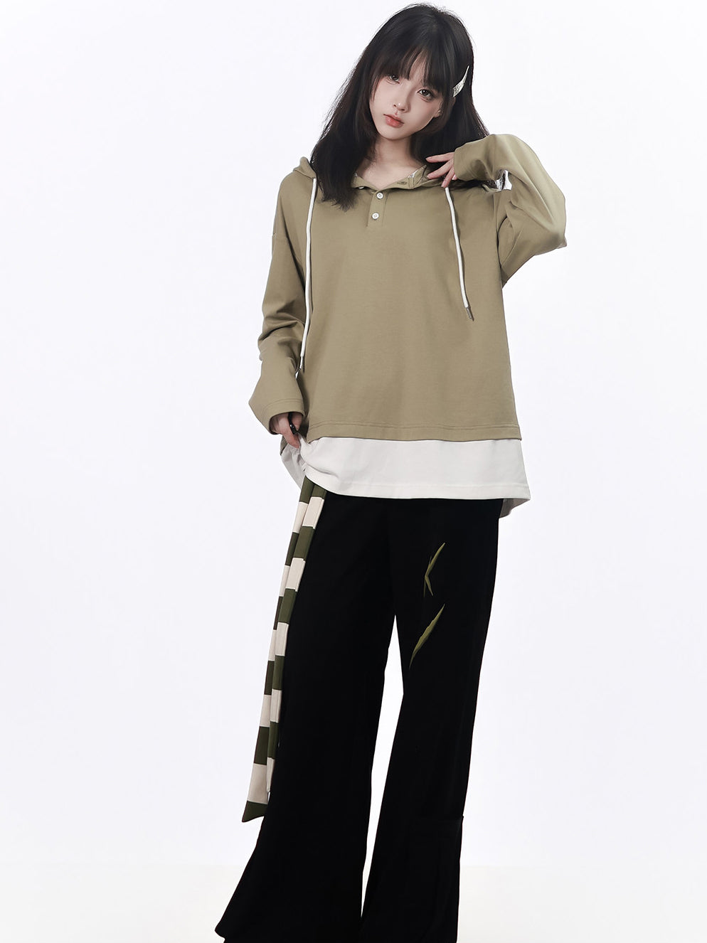 Layered Hem Henley Hoodie