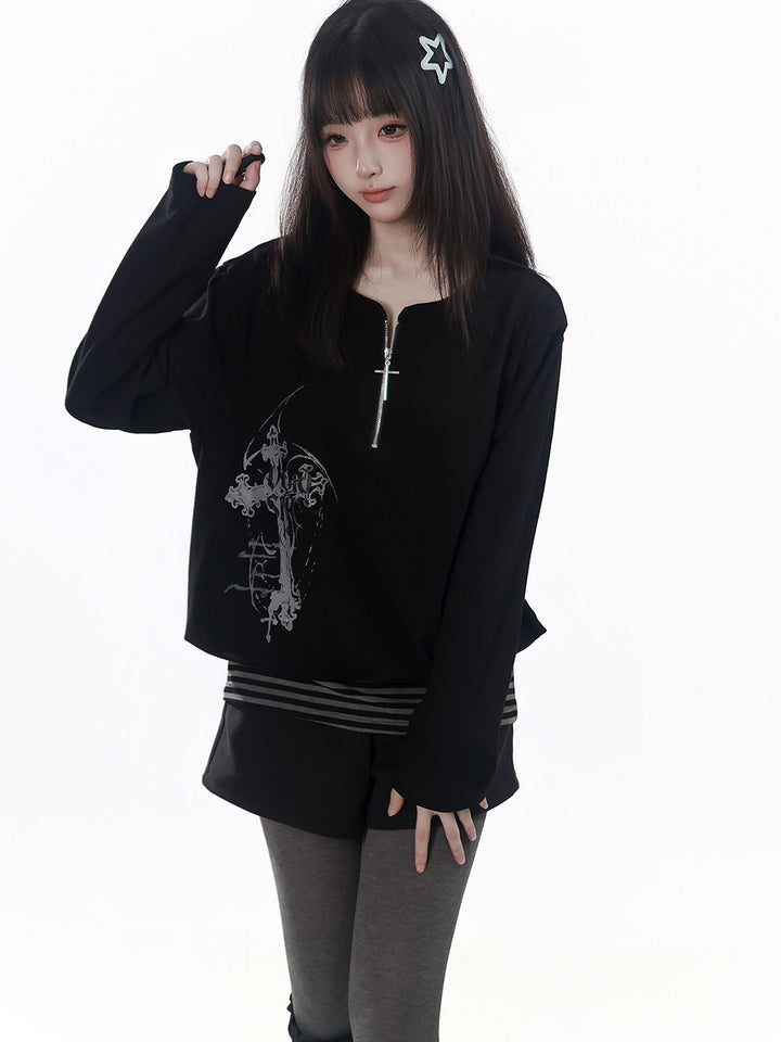 Cross Graphic Stripe-Hem Top
