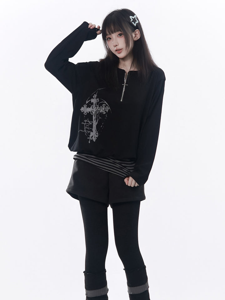 Cross Graphic Stripe-Hem Top