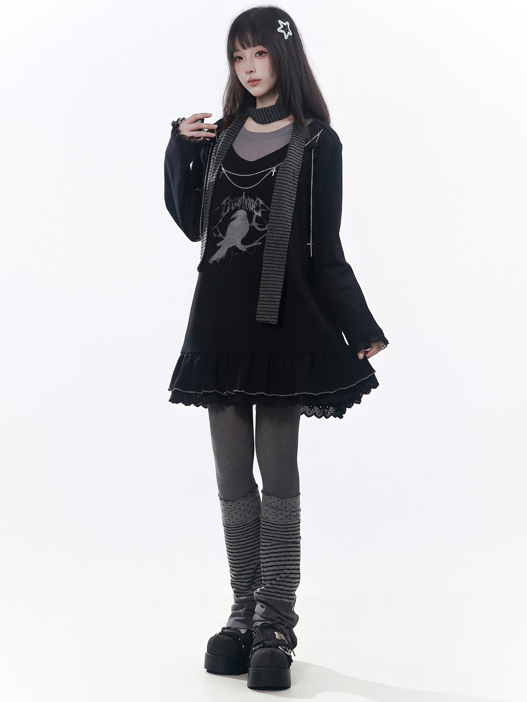 Gothic Raven Ruffle Mini Dress
