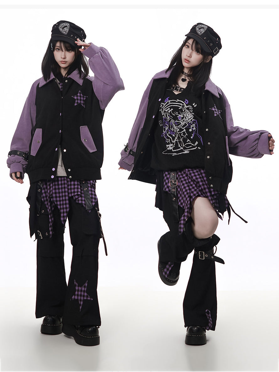 Plaid Star Colorblock Bomber Jacket