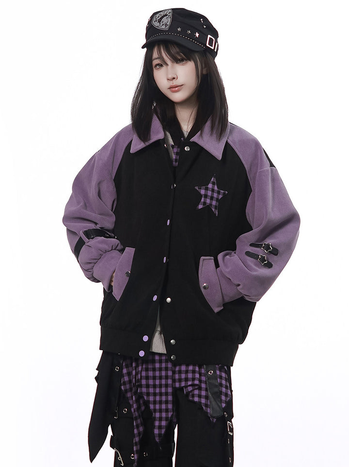 Plaid Star Colorblock Bomber Jacket