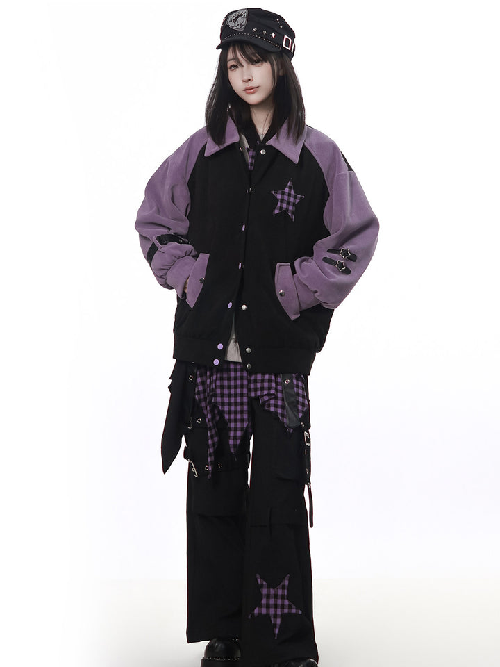 Plaid Star Colorblock Bomber Jacket