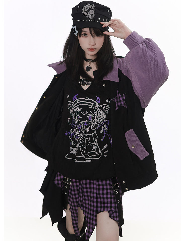 Plaid Star Colorblock Bomber Jacket