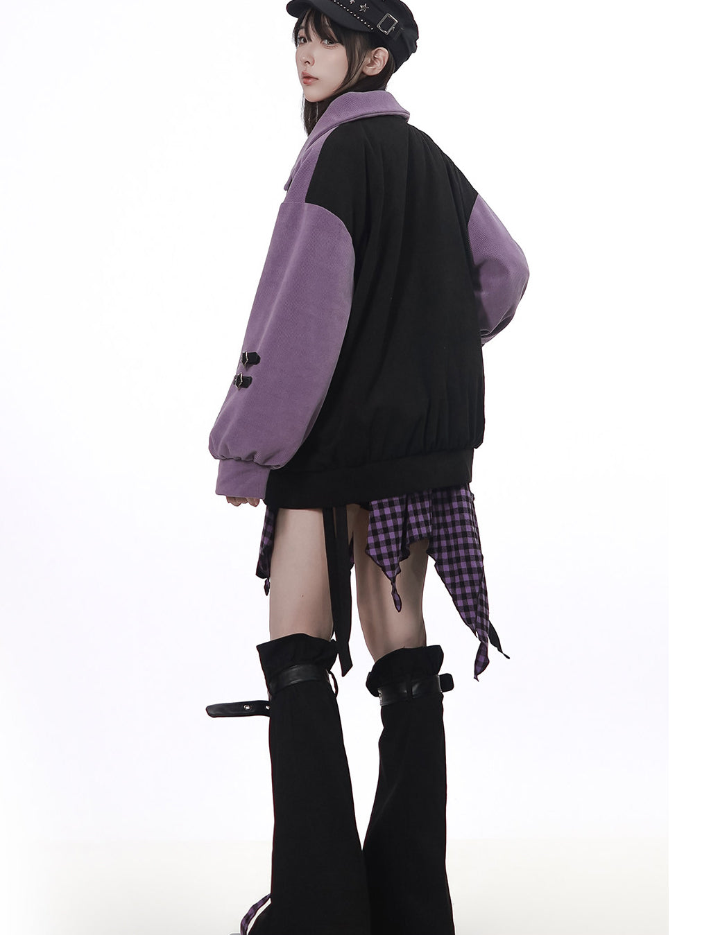 Plaid Star Colorblock Bomber Jacket