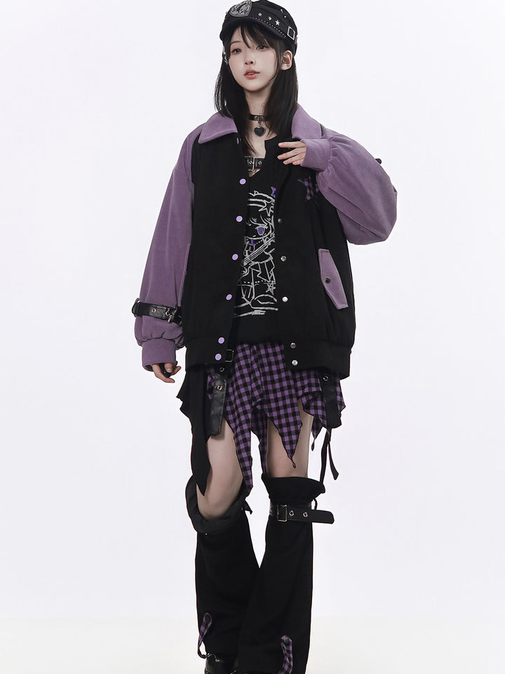 Plaid Star Colorblock Bomber Jacket