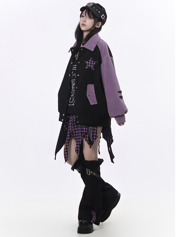 Plaid Star Colorblock Bomber Jacket