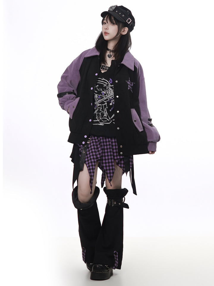 Plaid Star Colorblock Bomber Jacket