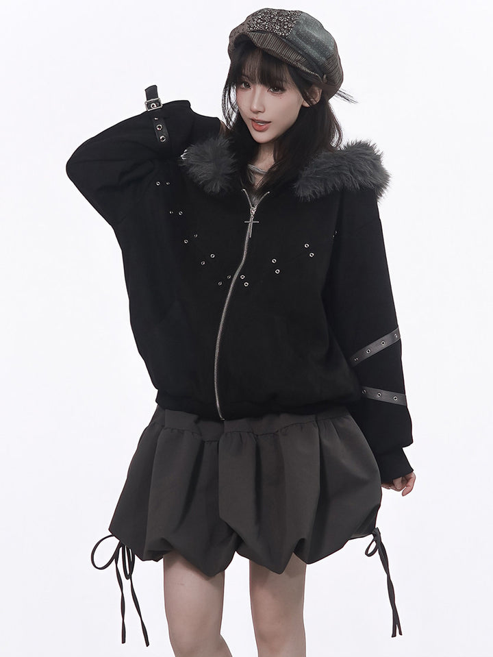 Punk Plush-Trim Hooded Jacket