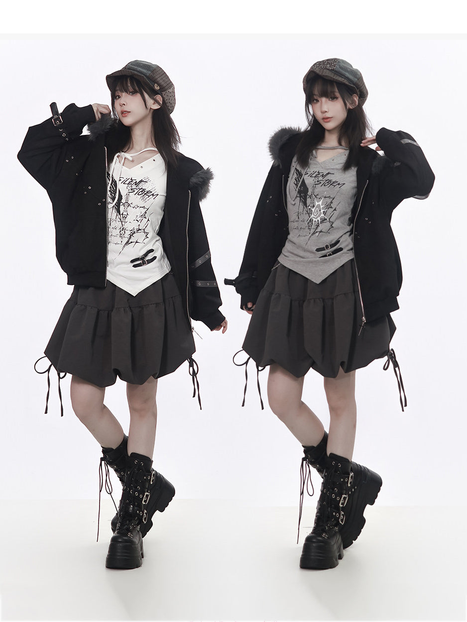 Punk Plush-Trim Hooded Jacket