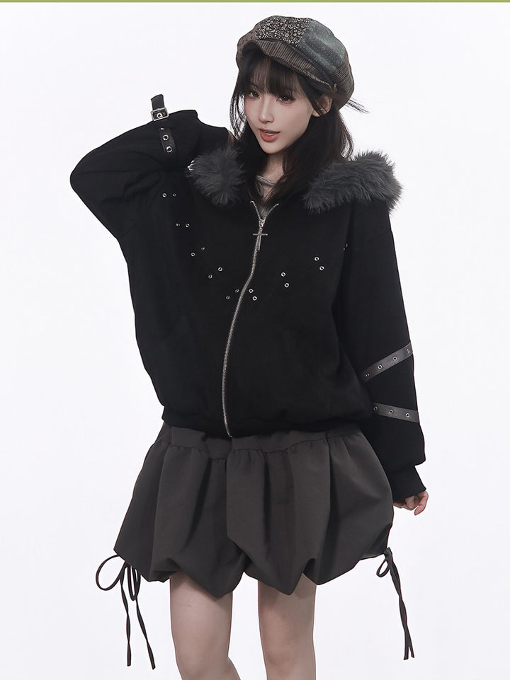 Punk Plush-Trim Hooded Jacket