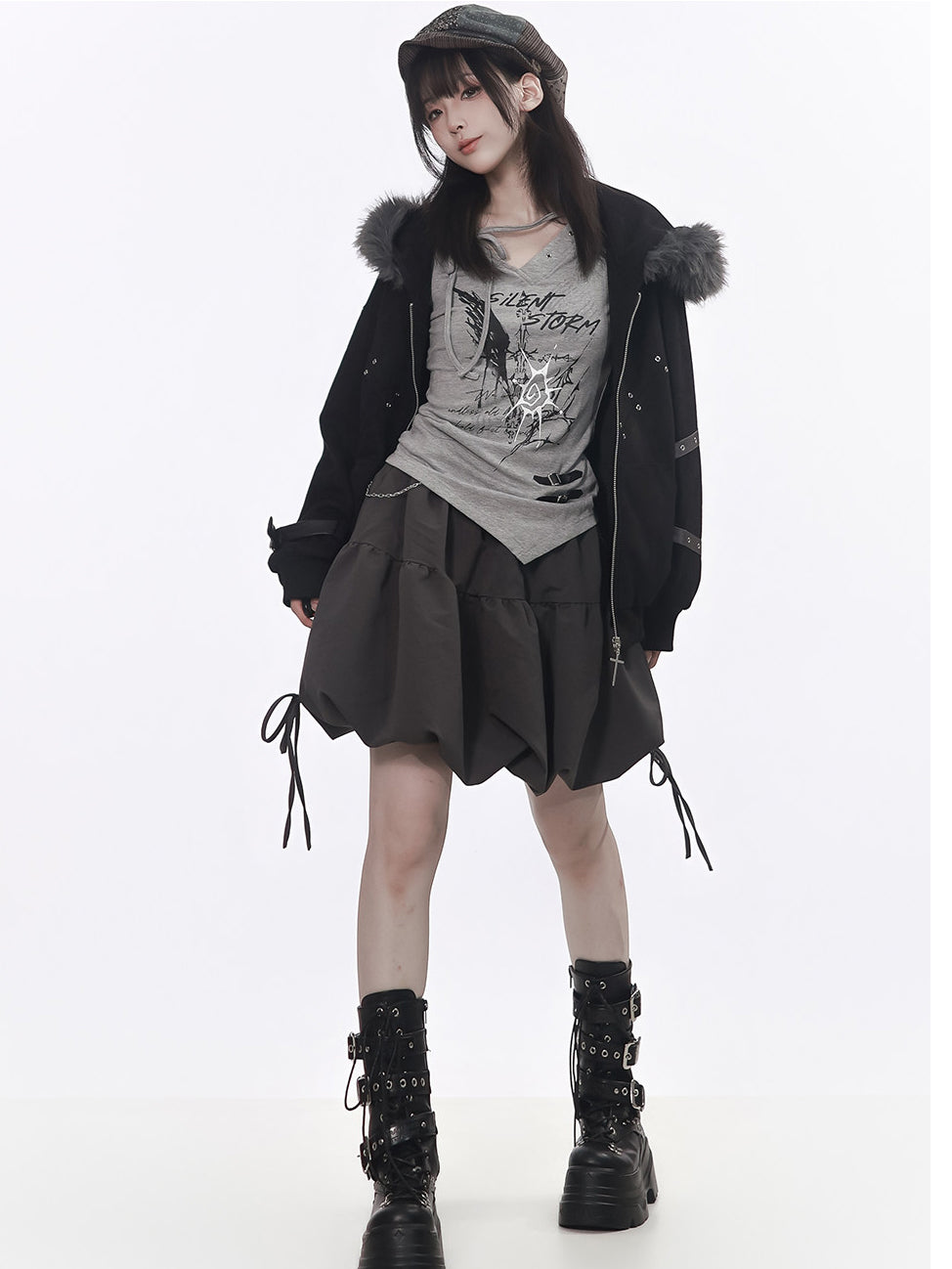 Punk Plush-Trim Hooded Jacket