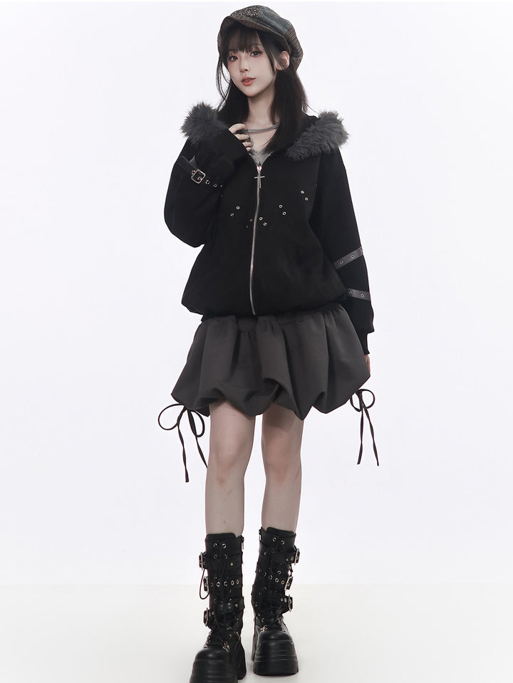 Punk Plush-Trim Hooded Jacket