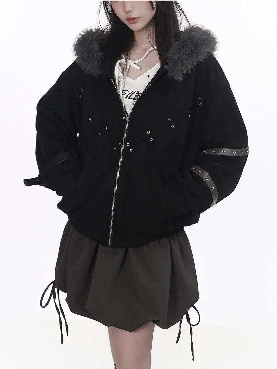 Punk Plush-Trim Hooded Jacket