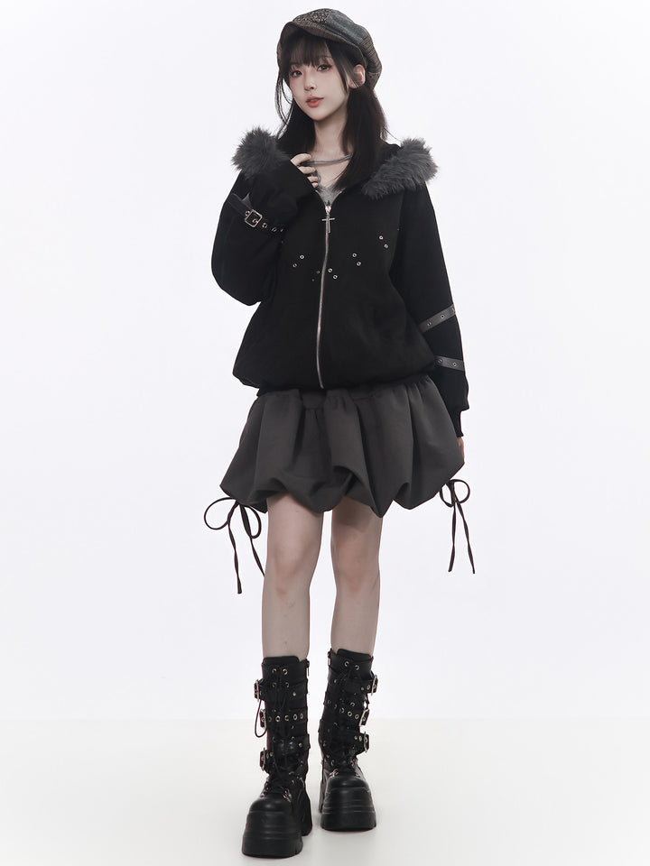 Punk Plush-Trim Hooded Jacket