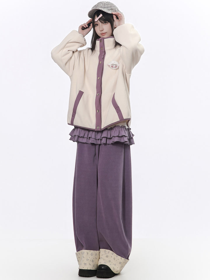 Lamb Patch Contrast-Trim Fleece Jacket