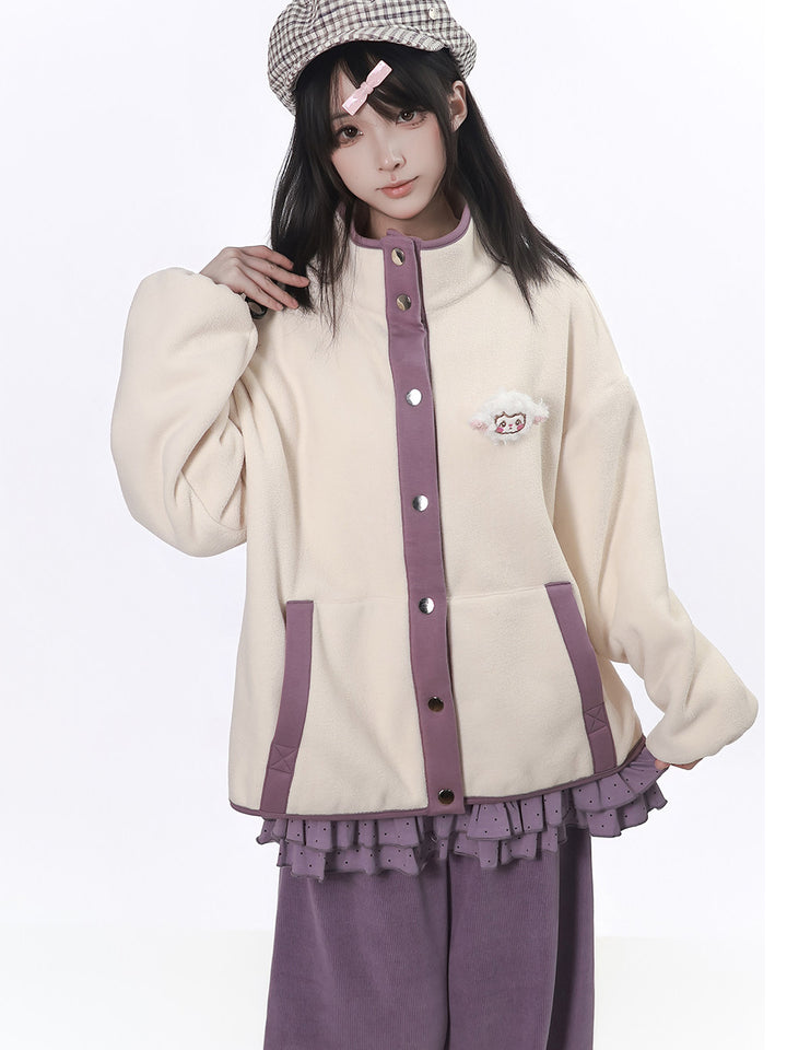Lamb Patch Contrast-Trim Fleece Jacket