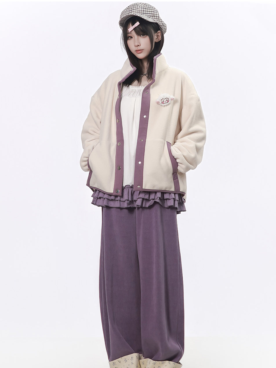 Lamb Patch Contrast-Trim Fleece Jacket