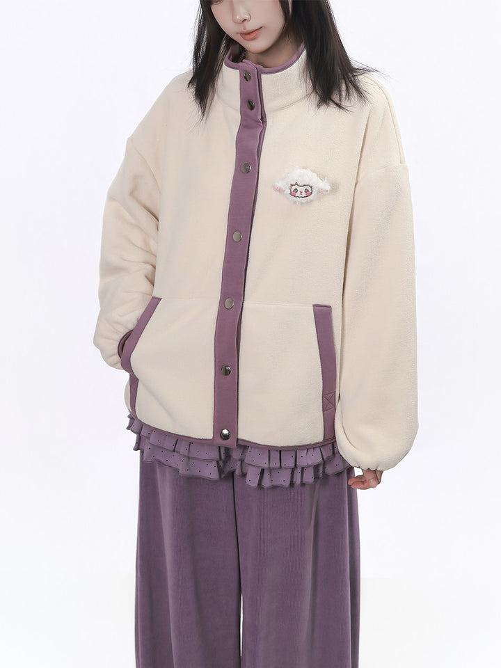 Lamb Patch Contrast-Trim Fleece Jacket