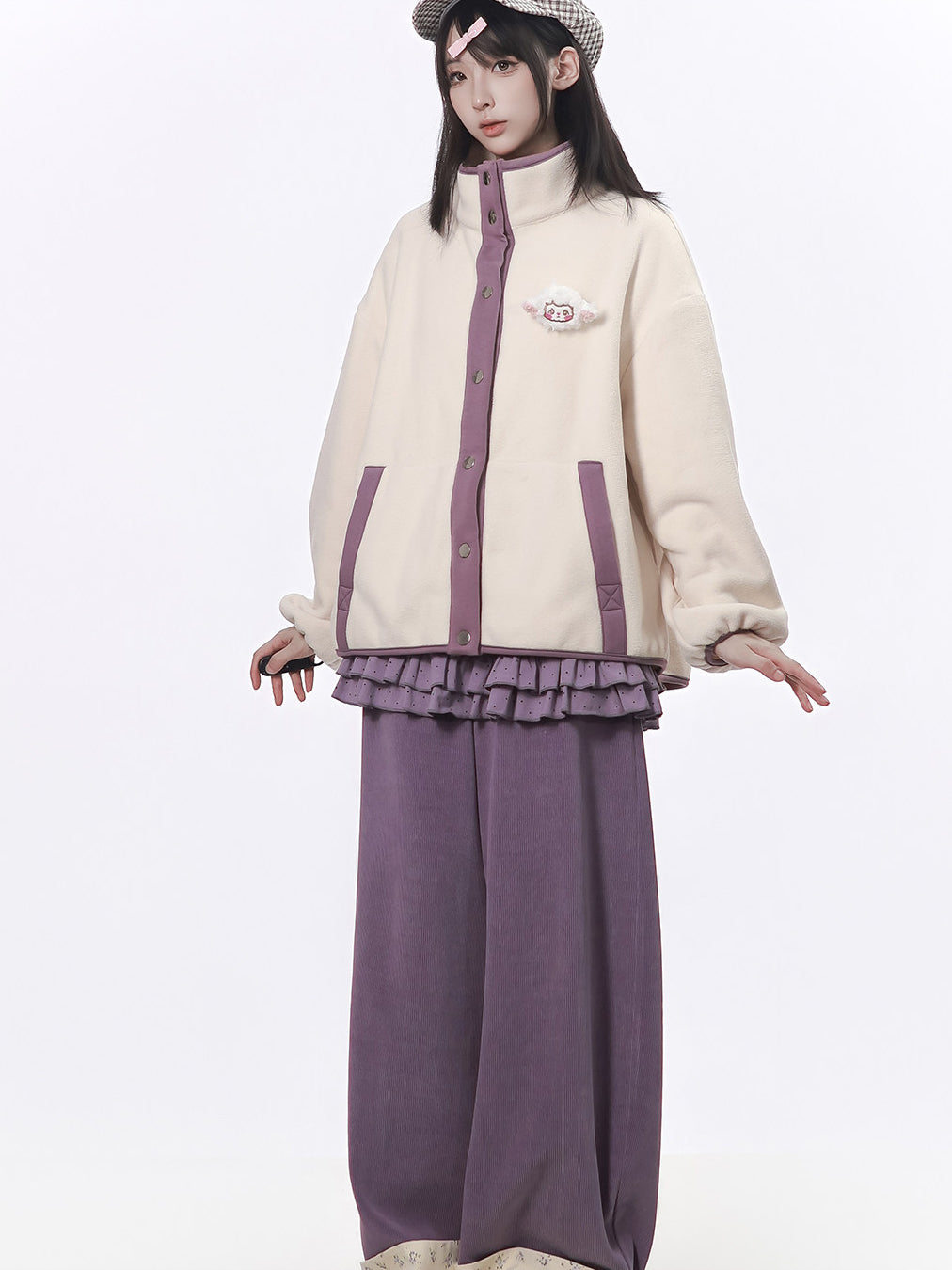 Lamb Patch Contrast-Trim Fleece Jacket