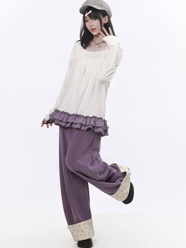 Purple Floral Cuff Wide Leg Pants