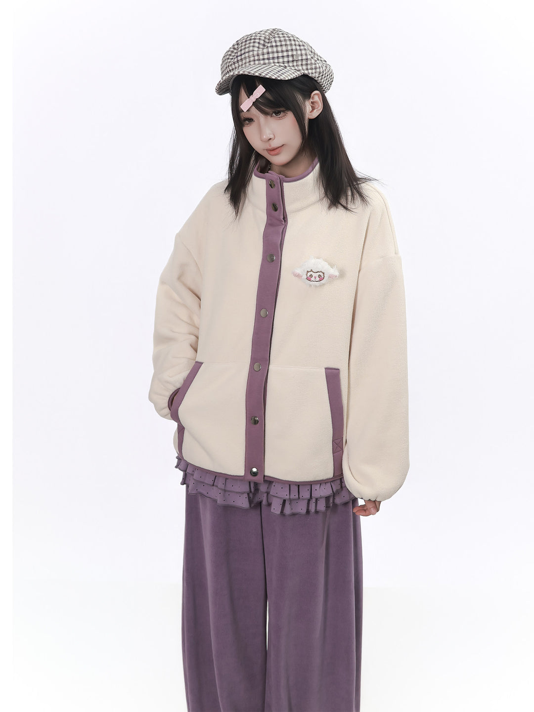 Lamb Patch Contrast-Trim Fleece Jacket