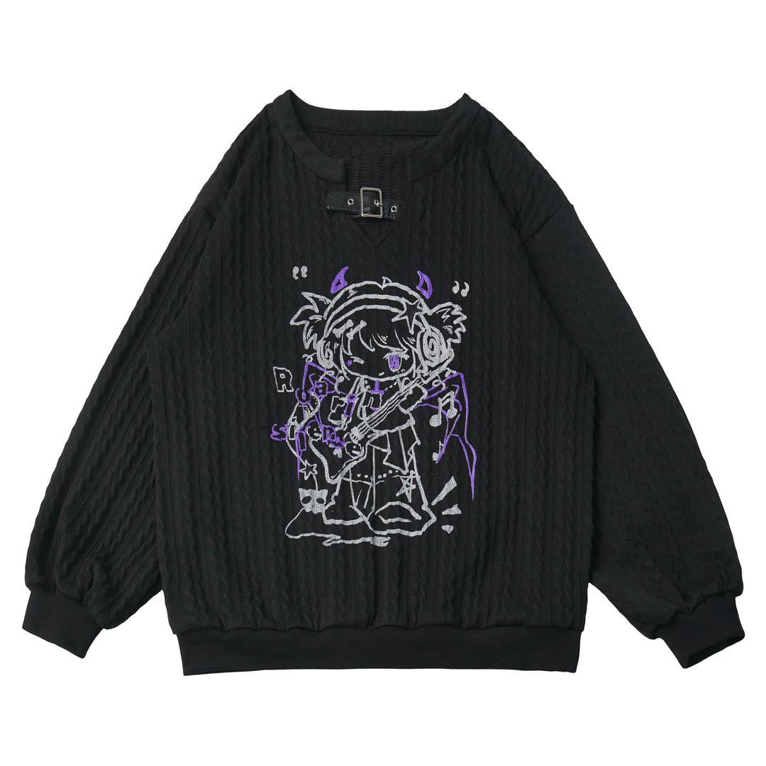 Gothic Guitar Graphic Cable Knit Sweater