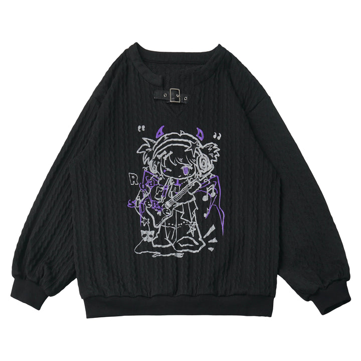Gothic Guitar Graphic Cable Knit Sweater