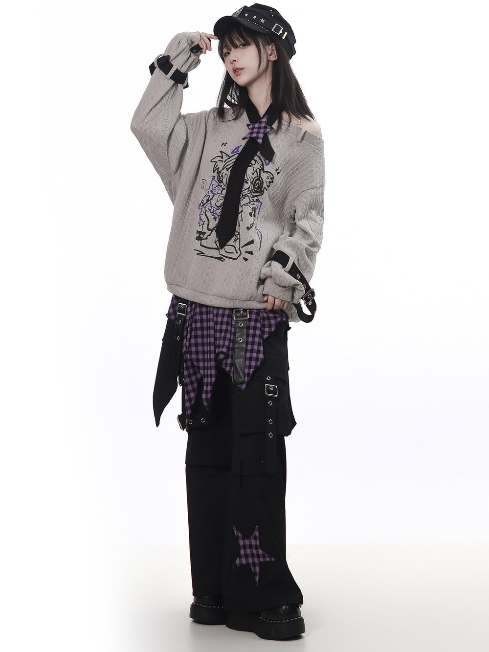Punk Plaid Star Wide Leg Cargo Pants