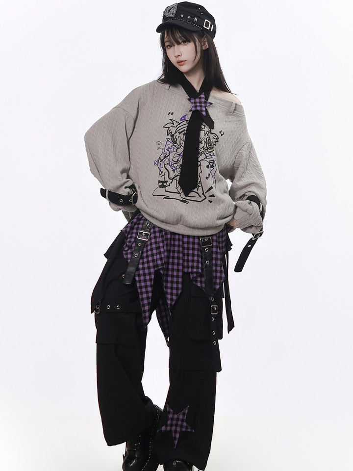 Punk Plaid Star Wide Leg Cargo Pants